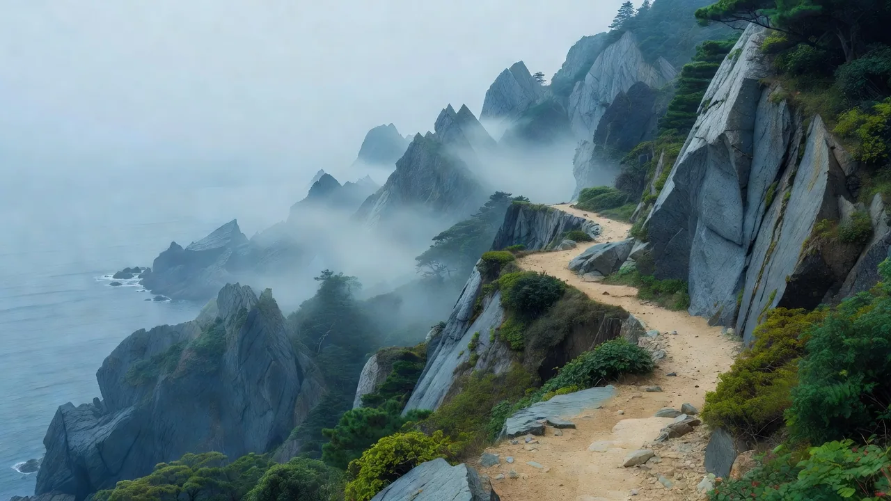 海食崖沿いの山道