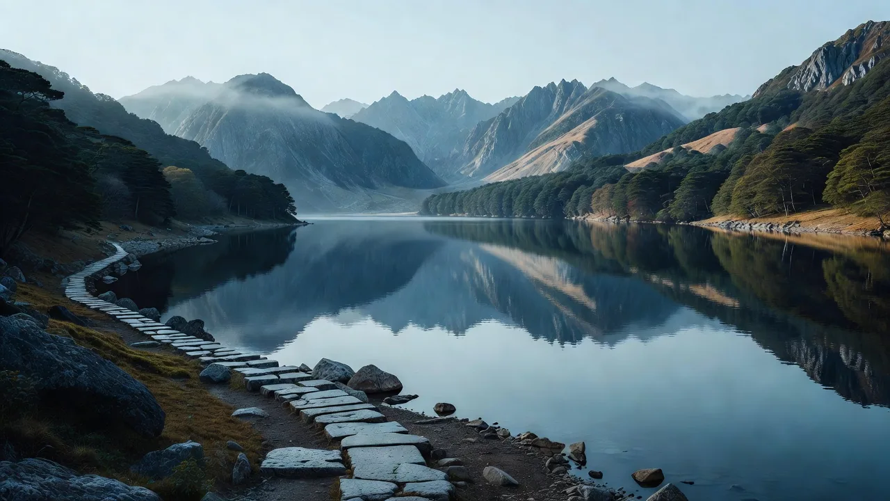 山上湖に映る石道