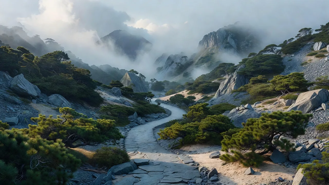 低い雲がかかる峠の石畳