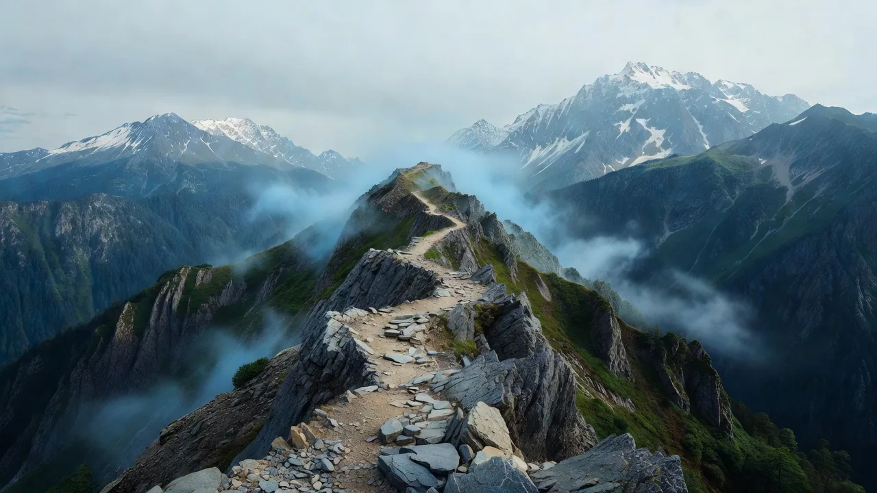切り立った高山稜線の狭道
