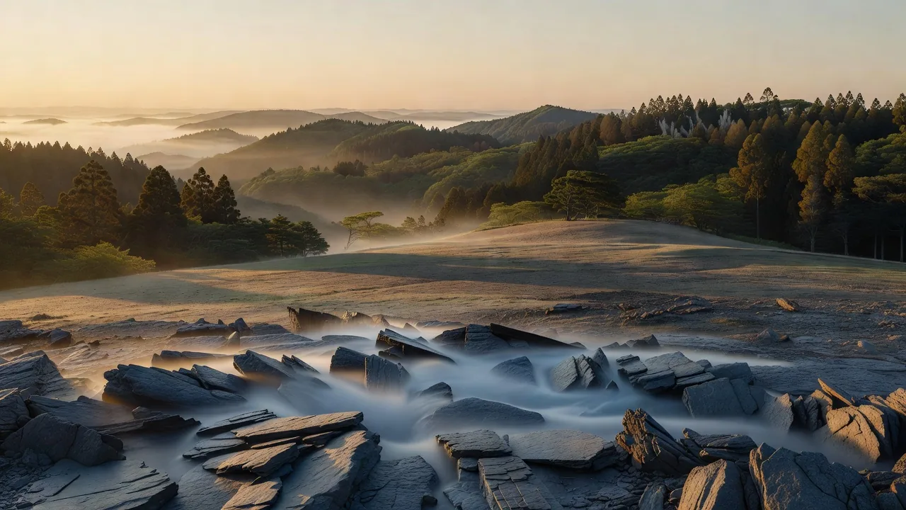 霧の稜線パノラマ夕景