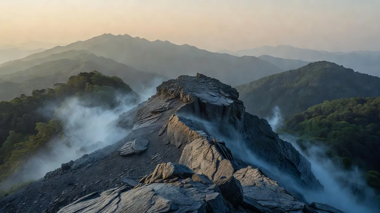 山頂の頁岩露頭パノラマ