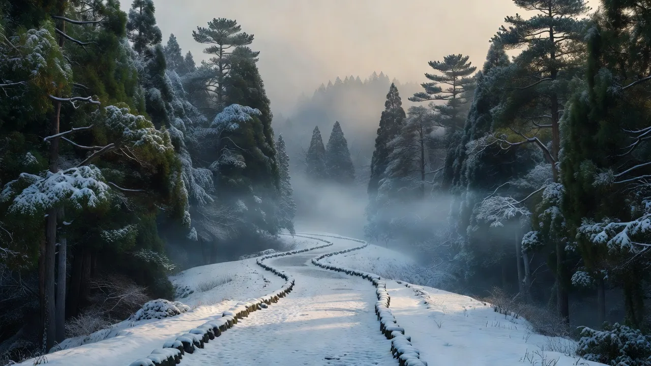 雪に覆われた森の小道